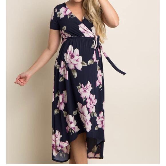 PinkBlush Blue & Pink Floral Maternity Wrap Dress Baby Shower M - Picture 1 of 8